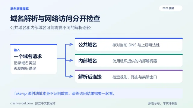 域名解析与网络访问分开检查图解：公共域名、内部域名、解析后连接