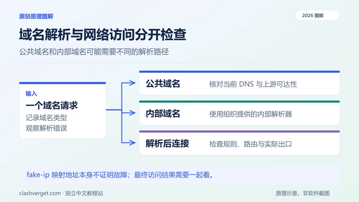 域名解析与网络访问分开检查图解：公共域名、内部域名、解析后连接